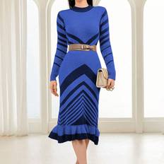 Akryl - Blåa Klänningar Shein Women's Striped Ruffle Hem Sweater Dress