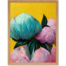 Yellow Wall Decor ARTERY8 Elegant Peony Floral Bouquet Yellow Teal Pink Flowers Painting Print Wall Decor