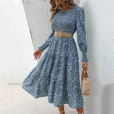 Clothing Shein Ditsy Floral Print Lantern Sleeve Ruffle Hem Dress Without Belt