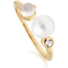 Grey - Women Rings Gemondo Modern Pearl, Moonstone & White Topaz Open Ring in Gold Plated Sterling Silver