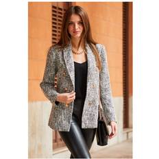 Fabric - Women Blazers Sosandar Womens Black & White Boucle Blazer With Gold Buttons Black/White