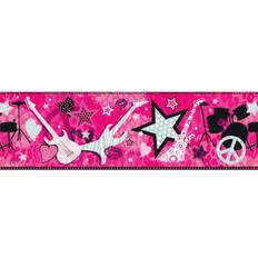 Wallpapers Dundee Deco Dundee Deco Prepasted Wallpaper Border Kids Pink Black Grey Music Rock Star Guitar 15 ft x 8 in