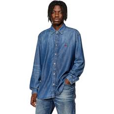 Diesel Herre Skjorter Diesel Mens Blue D-Simply Logo-embroidered Relaxed-fit Denim Shirt