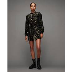 AllSaints Women Dresses AllSaints Womens Black Gold Jemima Metallic Star-printed Stretch Recycled-polyester Mini Dress