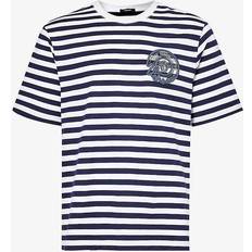 Versace Men T-shirts Versace nautical emblem embroidered striped jersey T-shirt 2wk60_white_navy_blue