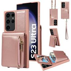 Wallet Cases ELEHOLD Zipper Wallet Case for Samsung Galaxy S22 Ultra Premium Leather with Organ Card Holders Zipper Purse Stand Function Detachable Long & Short Strap Crossbody Luxury Case Rosegold