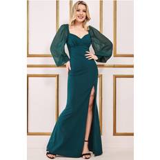 Clothing Goddiva Chiffon Sleeve Thigh Split Maxi Dress - Emerald