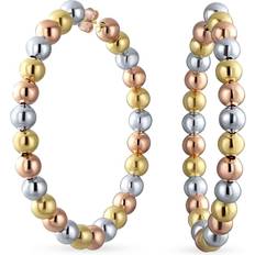 Bling Jewelry Tri Color Bead Round Fashion Statement Three Tone Hoop Earrings for Women Teen Piercing 18K Yellow White Rose Gold Plated High Polished