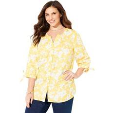 Yellow Blouses Catherines Plus Women's Georgette Buttonfront Tie Sleeve Cafe Blouse in Yellow Mono Floral Size 2XWP