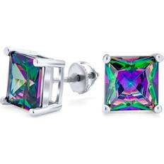 Unisex Earrings Bling Jewelry Mens Square Black Mystic Rainbow Princess Cut AAA CZ Stud Earrings For Women Silver Screwback 10MM