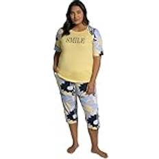 Women - Yellow Pyjamas Ulla Popken Damen Pyjama, Muster, Smile, Rundhals, Halbarm Pyjamaset, Laser Lemon