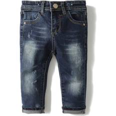 Kidscool Space KIDScOOL SPAcE Baby girl Boy Jean,D Ring Elastic Band Inside Ripped Denim Pants,Dark Blue,12-18 Months