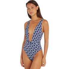 XS Swimsuits Tommy Hilfiger Plunge Monogram Swimsuit, Navy/White