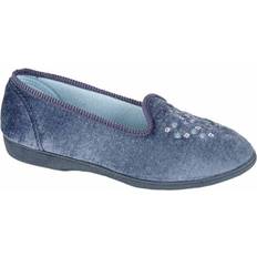 Velour Shoes Sleepers Womens/Ladies Nieta Plain Embroidered Blueberry