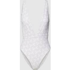 Tommy Hilfiger Nylon Badeanzüge Tommy Hilfiger Womens UW0UW04138 Monogram Plunge Swimsuit Ivory Nylon