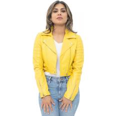 Leather Jackets - Yellow Infinity Leather Infinity Leather Womens Cropped Brando Biker Jacket-Damascus Yellow