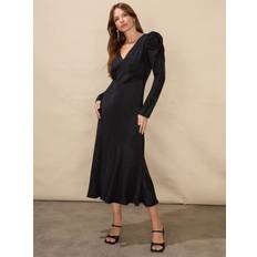 Black - Sportswear Garment Dresses Ro&Zo RO&ZO Womens Black Leopard-jacquard Puff-sleeve Satin Midi Dress