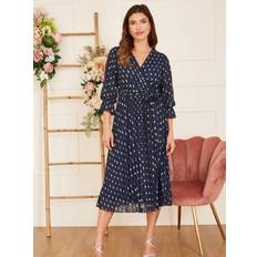 Gold - Midi Dresses Yumi Foil Print Wrap Midi Dress, Navy