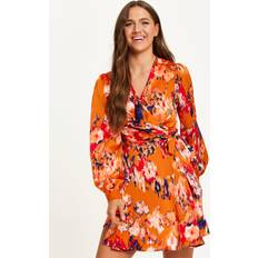 Liquorish Abstract Print Mini Wrap Dress With Long Sleeves In Orange