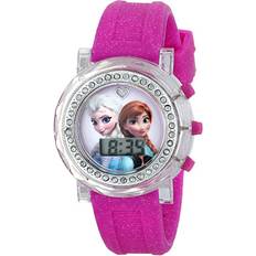 Disney Watches Disney Kids' FZN3580 Frozen Anna and Elsa Flashing-Dial with Glitter Pink Rubber Band