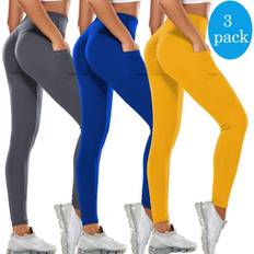 Women - Yellow Tights OBMEIFU #2 Scrunch Butt Leggings- Gray/Blue/Yellow, XL Pack High Waist Yoga Pants with Pockets Leggings for Women Running Workout Tights