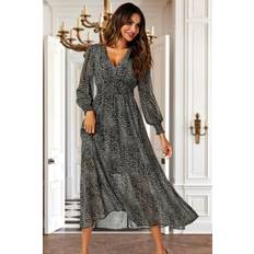 FS Collection Leopard Print V-Neckline Long Sleeve Maxi Dress In Grey