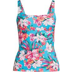 Lycra Tankinis Lands' End Womens Chlorine Resistant Square Neck Tankini Top Turquoise Lily Palm Regular