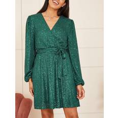 Synthetic Dresses Yumi Mela London Sequin Belted Wrap Dress, Green