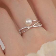 Shein 1pc Luxury Exquisite S925 Silver Set With Cross Freshwater Pearl Ring Open Rings For Mother's Day Gift For Girlfriend Gifts Idea