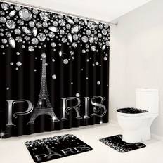 Shein 1pc Sparkling Diamond And Creative Bubble Text Polyester Bathroom Shower Curtain 4pcs/set Thickened 1.3cm Me