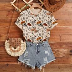 Florals T-shirts Shein Women's All-Over Printed Round Neck Short Sleeve T-Shirt Graphic Tees - Women's