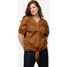 Wool Blouses Ulla Popken Eco Cotton Button Front Puff Sleeve Blouse brown