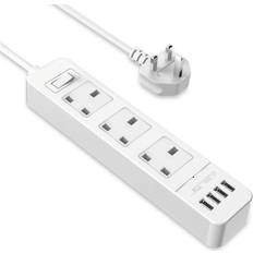 JSVER JSVER Extension Lead USB, Power Socket with 3 Outlet 4 USB Charging Station Power Strip Surge Protection with 2m Power Lead, White