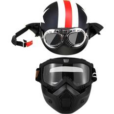 Greenzech Black Motorcycle Helmet with Goggles Visor Scarf Touring for Harley Mask Detachable and Mouth Filter Open Face