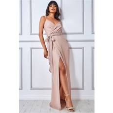 Bow Ties Goddiva Wrap Style Spaghetti Strap Maxi With Split Blush