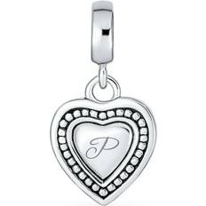 Gray - Silver Charms & Pendants Bling Jewelry Vintage Dangle Script Initial P Heart Charm Bead .925Sterling Silver