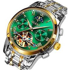 Olevs OLEVS Automatic Mechanical Skeleton Winding Moon Phase Green Face Two Tone Date Calendar Waterproof Luminous