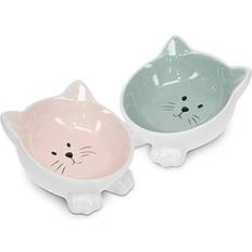 2 Ceramic Cat Bowls Twin Pack of Cat Feeding Dishes with Anti Shaped