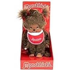 Monchhichi Sekiguchi 255191 – original flicka, mjuk leksak med röd haklapp och rosett, ca 20 cm stort gosedjur av brun plysch