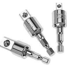 ESEE 3 Pieces 360 Rotatable Power Drill Socket Adapter Set, Drill Extension Joint Swivel Sockets Adaptor 1/4" Hex Shank to 1/4" 3/8" 1/2" Square Socket