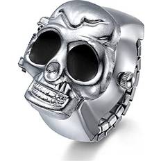 JewelryWe Men Finger Punk Skull Flip-Open Cover Analog Ring Watches, Adjustable Size