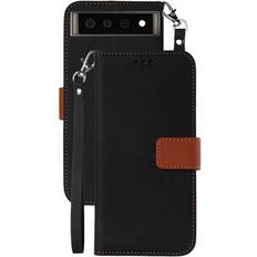 Wallet Cases Nakedcellphone Black/Brown Wallet Case Card ID Slot Cover and Wrist Strap for Google Pixel 6