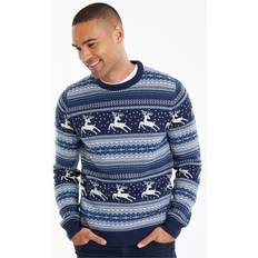 Christmas Jumpers - Men Threadbare Mens Navy 'Caribou' Crew Neck Fairisle Christmas Jumper