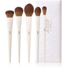 Jessup uppsättning sminkborstar 5st sminkborstar för ansikte Vegan mjuk foundationborste rougeborste bronzer konturborste highlighterborste fluffig puderborste, ljusgrå T493