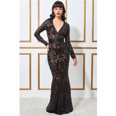 Long Dresses - Mesh Goddiva Embroidered Sequin & Mesh Maxi Dress Black