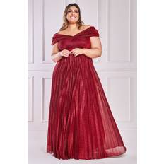 Dresses Goddiva Plus Bardot Pleated Skirt Maxi Dress Red