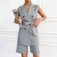 Green - Women Suits Shein Ladies' Double Breasted Belted Vest With Suit Shorts Set