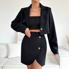 Black - Women Suits Shein Pointed Lapel Suit Set - Women'S