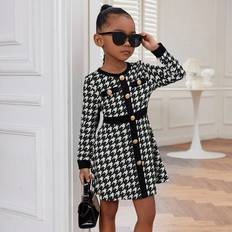 Black Dresses Children's Clothing Shein Young Girl Houndstooth Print Button Front Dress