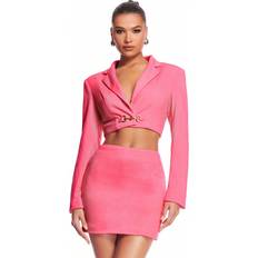 Pink Suits Shein Pink Metal Buckle Truncated Avant-Garde Ins Style Sweet Blazer Slit Skirt Suit Suit